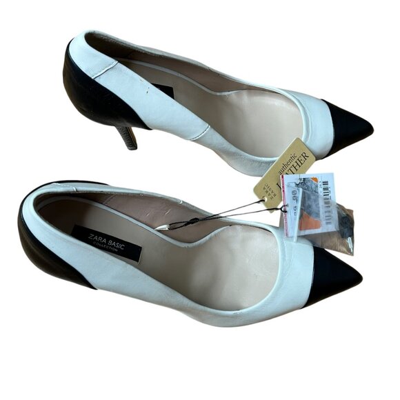 Zara Basic Leather Pointed Toe Heels in Black & White Size 39 with Minor Flaws - Picture 6 of 10